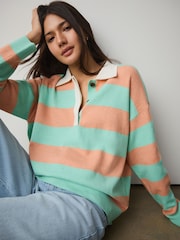 Blue/Coral Stripe Supersoft Knitted Long Sleeve Polo Top - Image 1 of 4