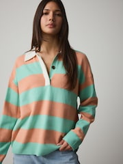 Blue/Coral Stripe Supersoft Knitted Long Sleeve Polo Top - Image 3 of 4