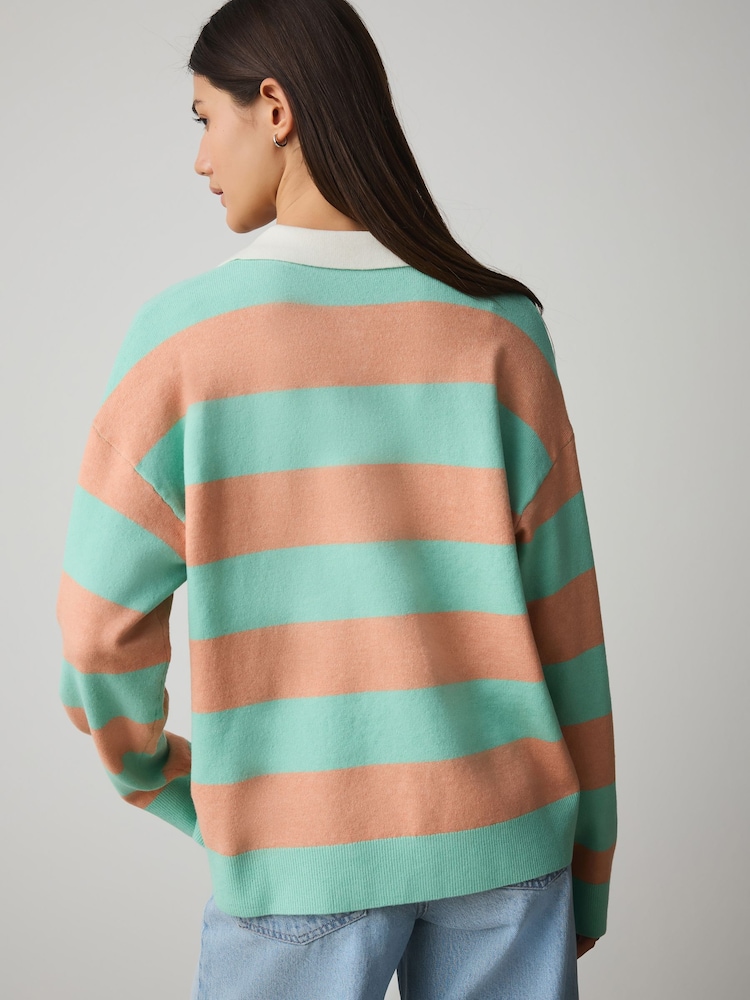 Blue/Coral Stripe Supersoft Knitted Long Sleeve Polo Top - Image 4 of 4