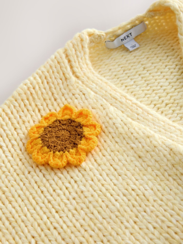 Yellow 3D Sunflower Soft Touch Chunky Knit Cardigan - Image 2 of 3 Yellow 3D Sunflower Soft Touch Chunky Knit Cardigan - Image 2 of 3