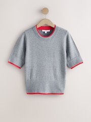 Grey/Red Supersoft Double Trim Short Sleeve Knitted Top - Image 1 of 3