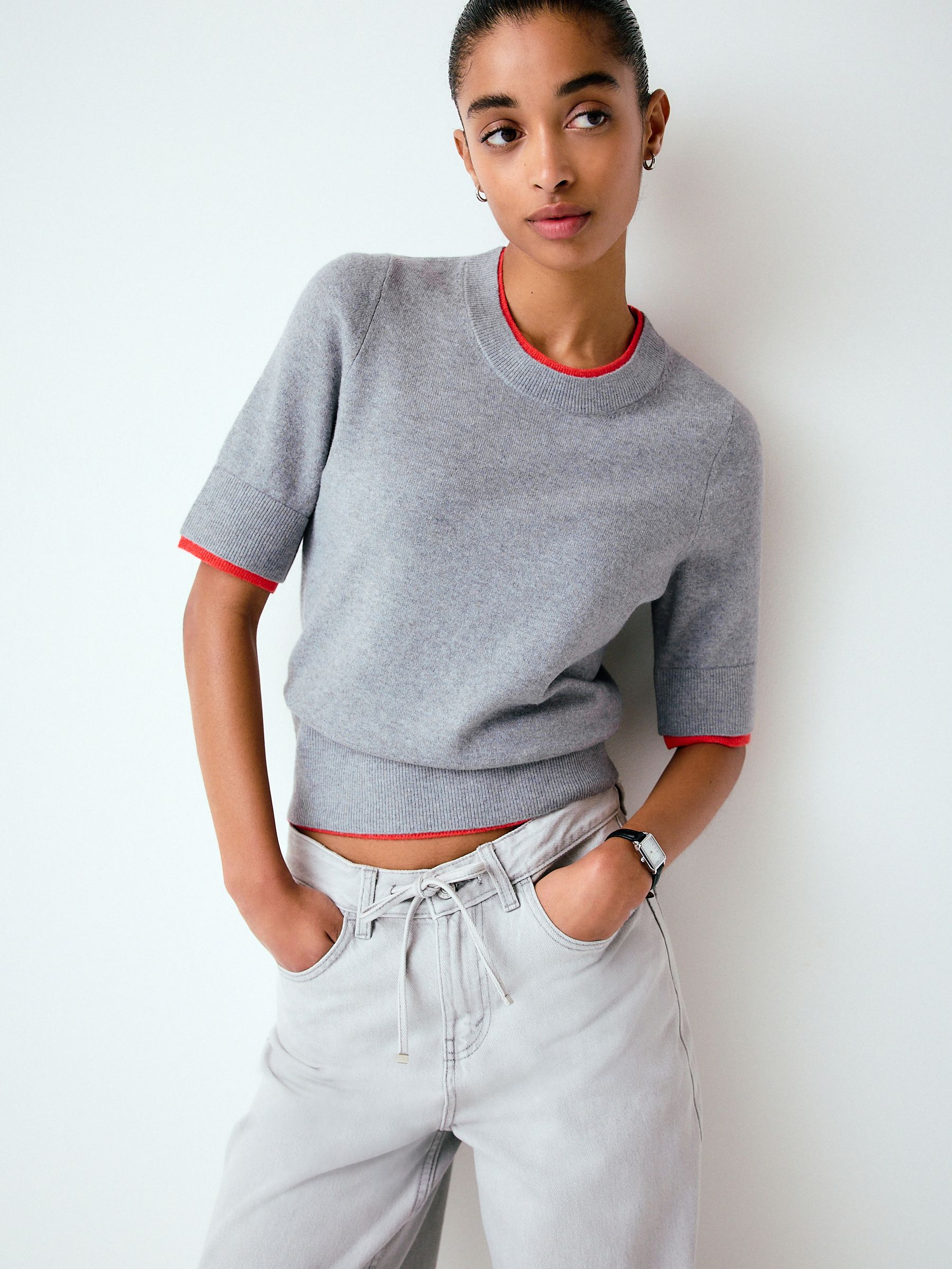 Buy Grey/Red Supersoft Double Trim Short Sleeve Knitted Top from