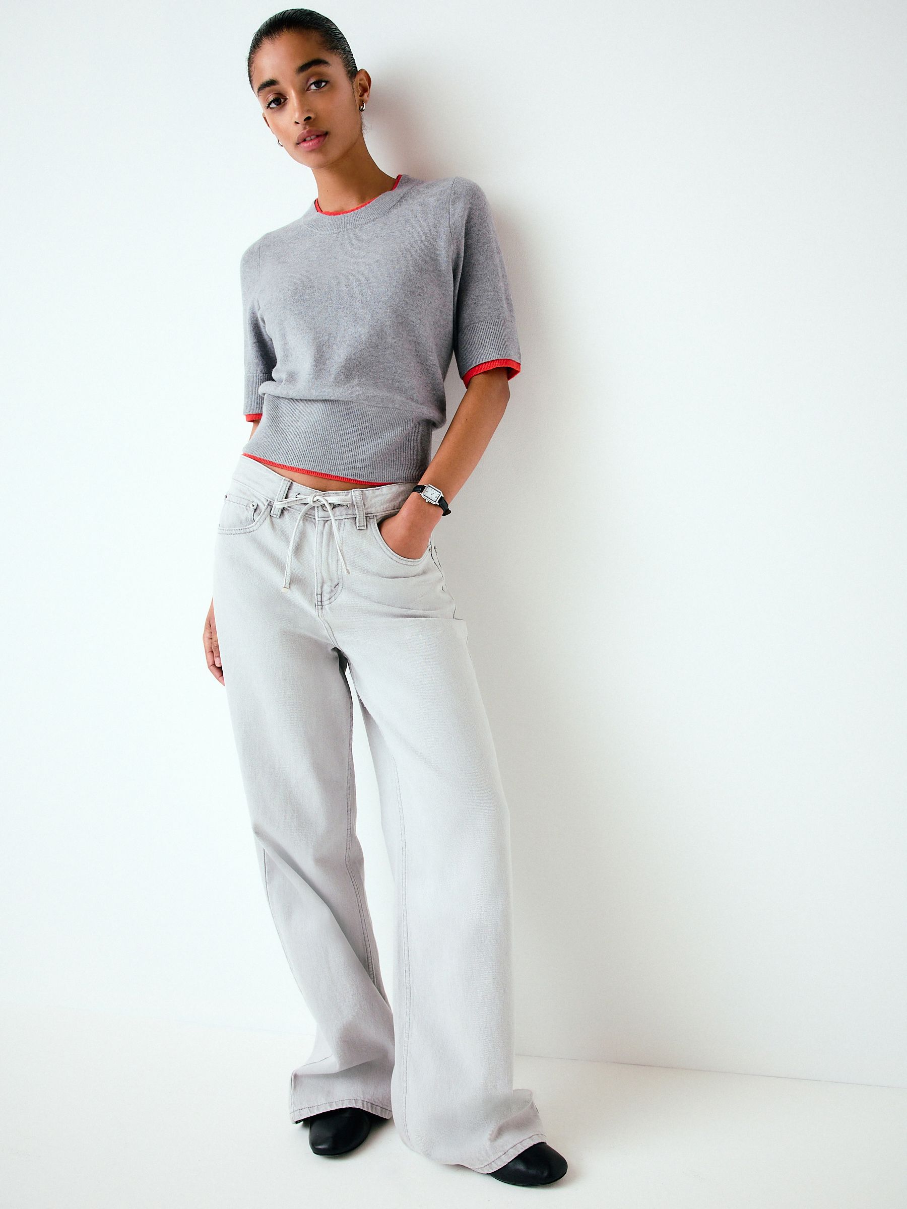 Buy Grey/Red Supersoft Double Trim Short Sleeve Knitted Top from