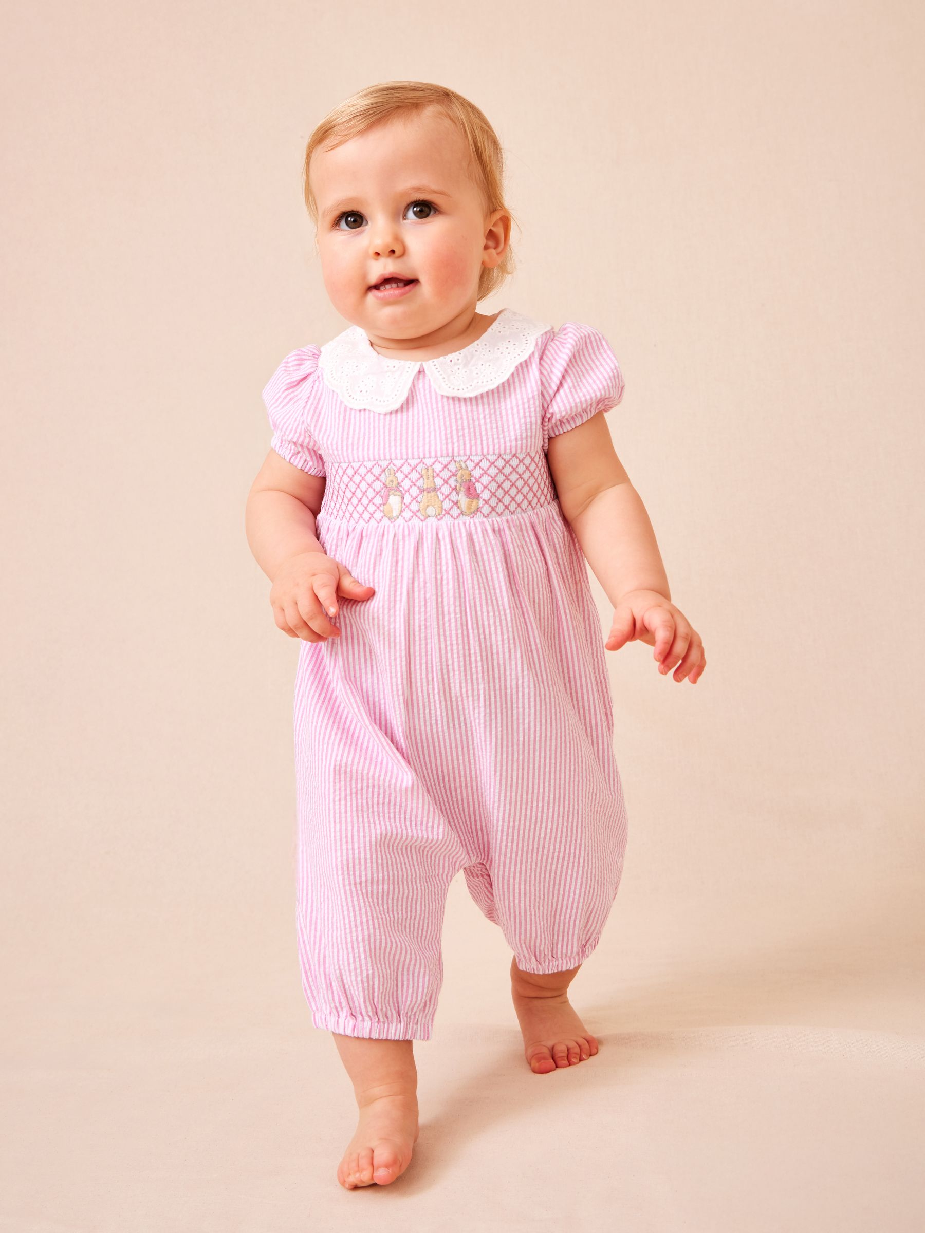 Jojo Maman Bébé Pink Flopsy Embroidered Stripe Romper