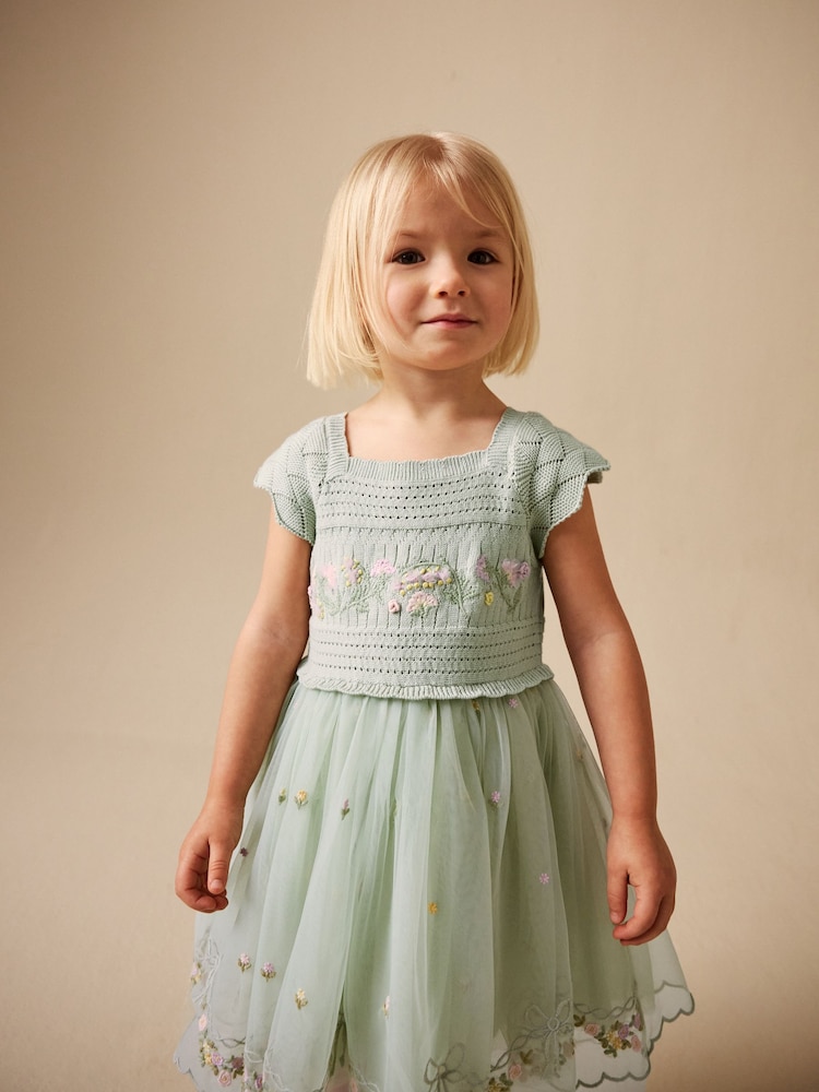 Sage Green Floral Crochet & Tulle Party Dress (3mths-10yrs) - Image 1 of 8