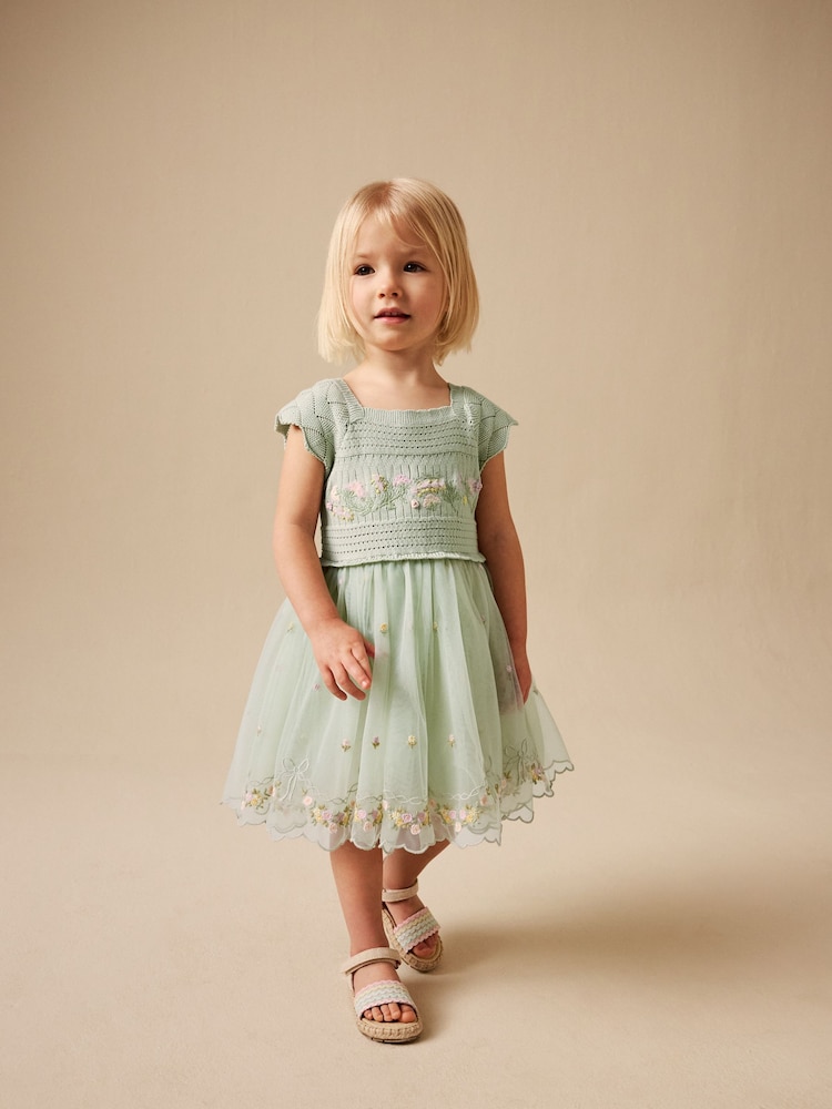 Sage Green Floral Crochet & Tulle Party Dress (3mths-10yrs) - Image 2 of 8