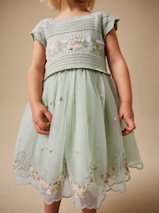 Sage Green Floral Crochet & Tulle Party Dress (3mths-10yrs) - Image 4 of 8