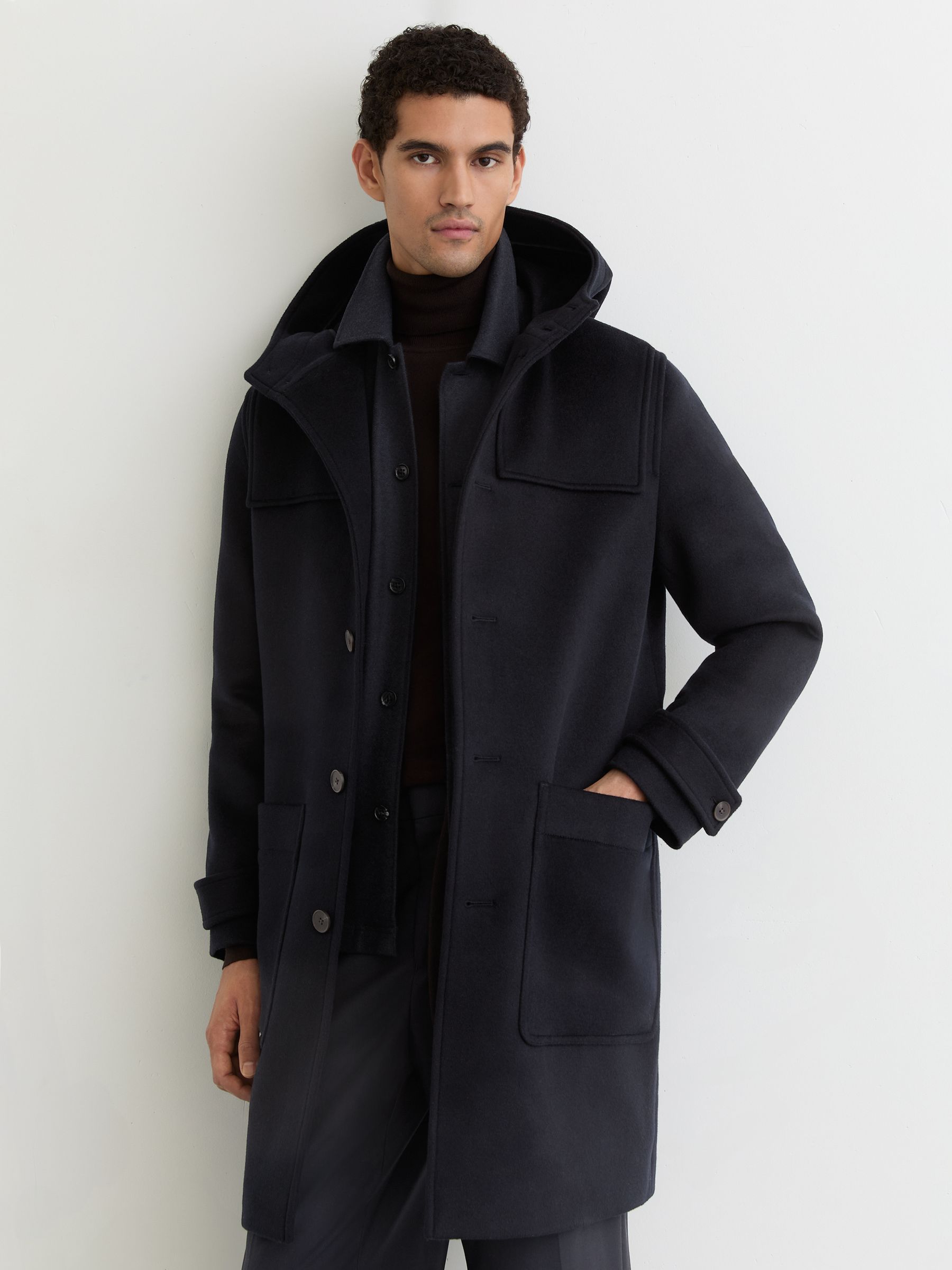 Reiss Navy Wool-blend Hooded Duffle Coat In Blue