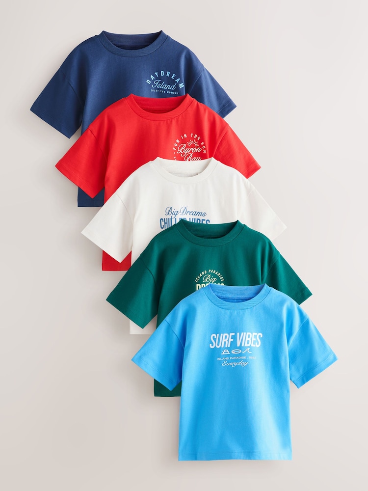 Blue/Navy/Green/Red/White Small Short Sleeve Graphic T-Shirts 5 Pack (3mths-7yrs) - Image 1 of 9