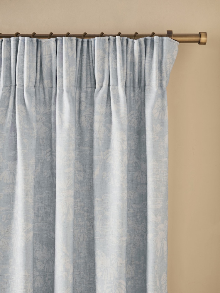 Blue Toile Print Touch Of Linen Pencil Pleat Lined Curtains - Image 1 of 5