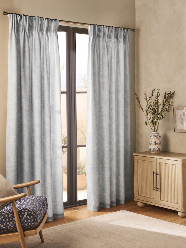 Blue Toile Print Touch Of Linen Pencil Pleat Lined Curtains - Image 2 of 5