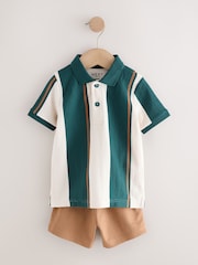Green/Ecru Stripe Short Sleeve Polo Shirt and Shorts Set (3mths-7yrs) - Image 4 of 8