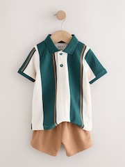 Green/Ecru Stripe Short Sleeve Polo Shirt and Shorts Set (3mths-7yrs) - Image 5 of 8