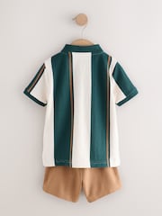 Green/Ecru Stripe Short Sleeve Polo Shirt and Shorts Set (3mths-7yrs) - Image 6 of 8