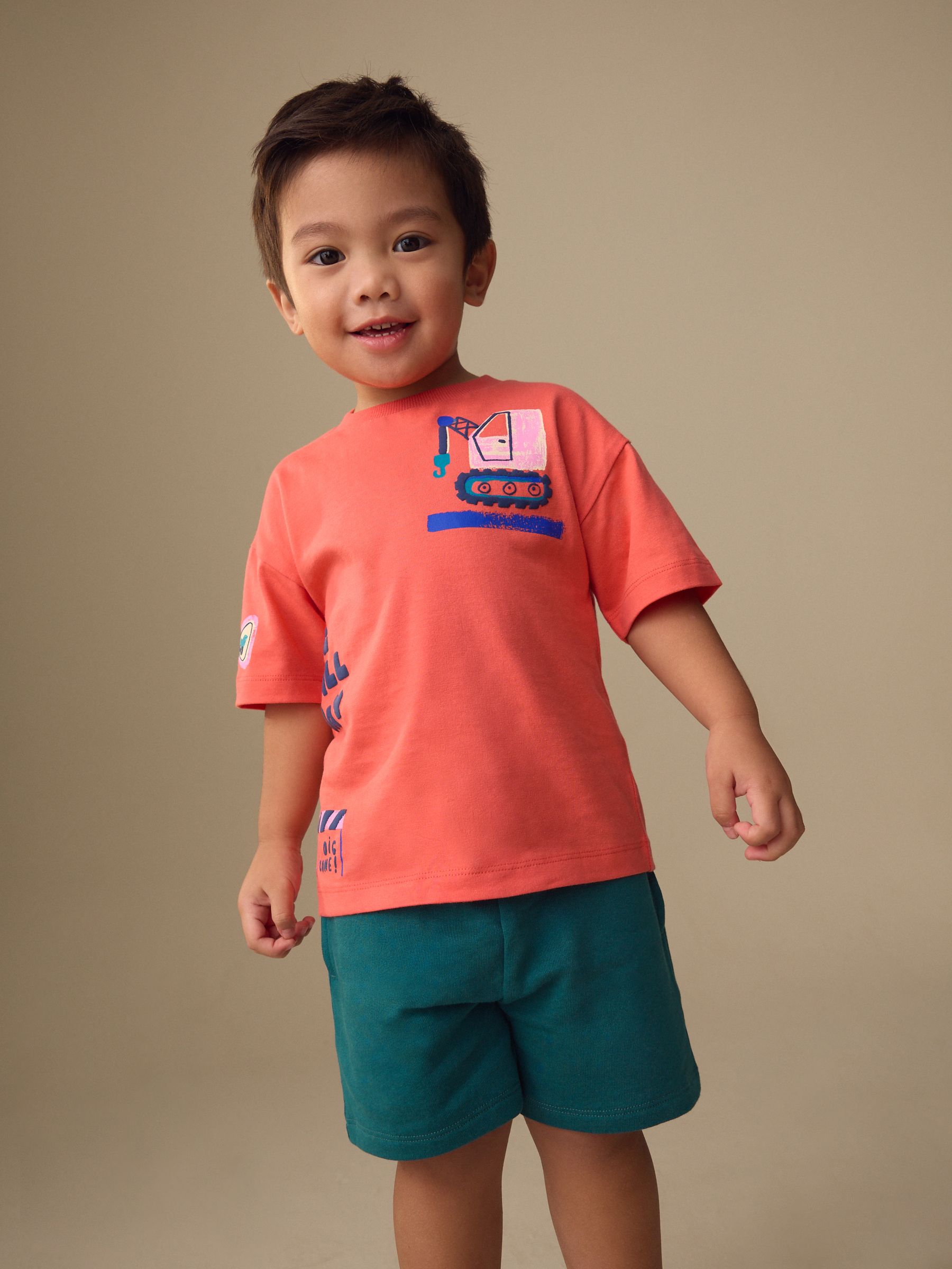 Buy Coral Pink Digger Short Sleeve Back Print T-Shirt and Shorts