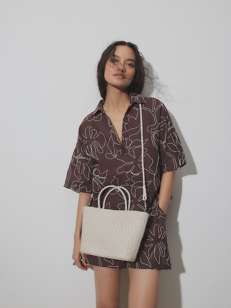 Ecru Leather Weave Cross-Body Bag - Image 1 of 5