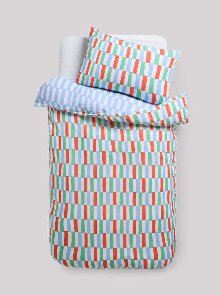Blue/Red Bright Stripe Cotton Printed Bedding Duvet Cover and Pillowcase Set - Image 1 of 2 Blue/Red Bright Stripe Cotton Printed Bedding Duvet Cover and Pillowcase Set - Image 1 of 2