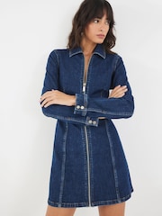 River Island Blue Zip Front Mini Denim Dress - Image 1 of 3