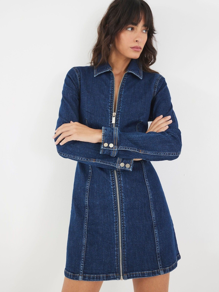 River Island Blue Zip Front Mini Denim Dress - Image 1 of 3