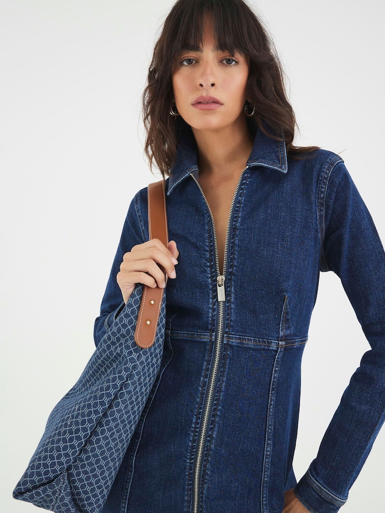 River Island Blue Zip Front Mini Denim Dress - Image 2 of 3