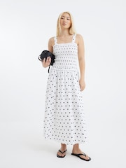 River Island White Polka Dot Shirred Midi Dress - Image 1 of 4
