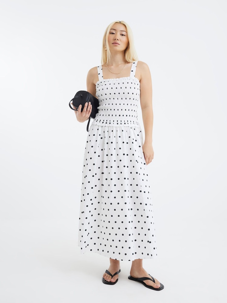 River Island White Polka Dot Shirred Midi Dress - Image 1 of 4