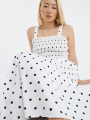 River Island White Polka Dot Shirred Midi Dress - Image 2 of 4