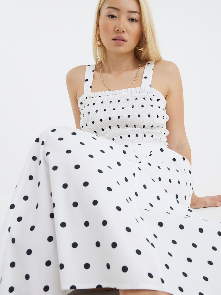 River Island White Polka Dot Shirred Midi Dress - Image 2 of 4 River Island White Polka Dot Shirred Midi Dress - Image 2 of 4