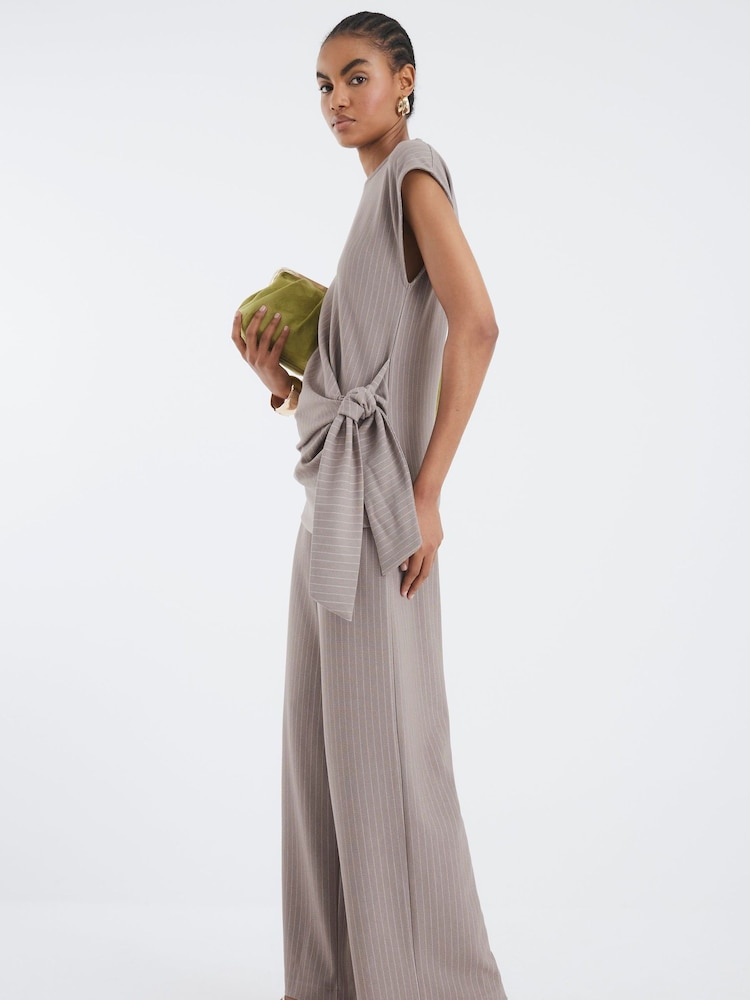 River Island Brown Beige Drawstring Pinstripe Trousers Set - Image 2 of 4
