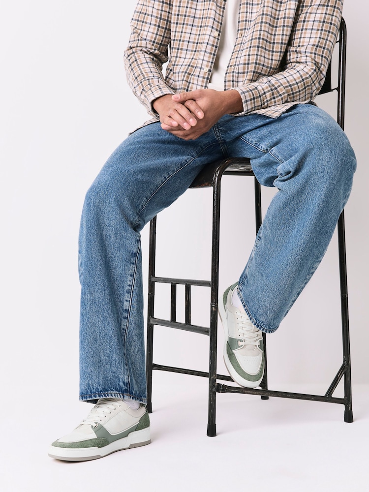 White/Green Smart Casual Trainers with Suede Trim - Image 1 of 7