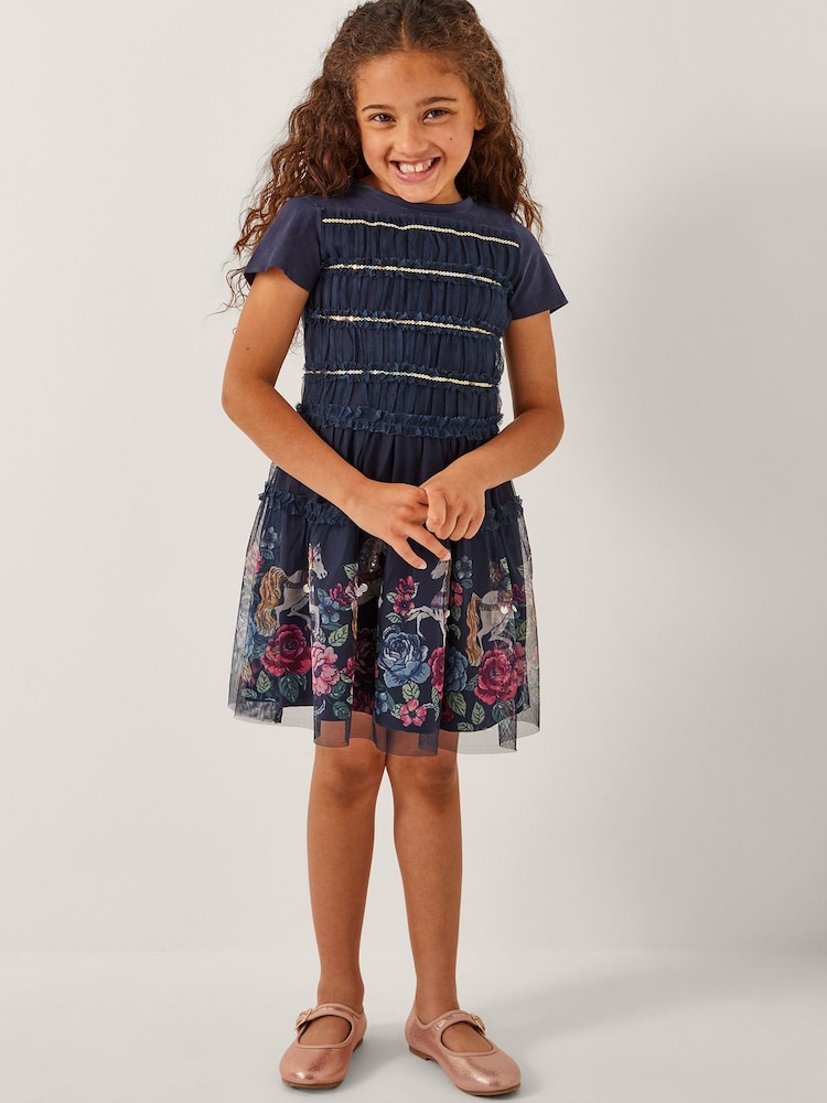 Monsoon Blue Unicorn Sequin Frill Dress - Image 1 of 4