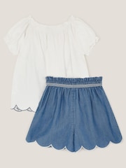 Monsoon Blue Embroidered Top and Scallop Shorts Set - Image 1 of 3