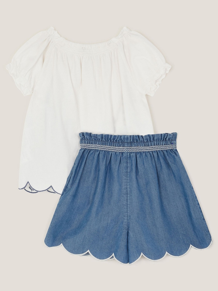 Monsoon Blue Embroidered Top and Scallop Shorts Set - Image 1 of 3