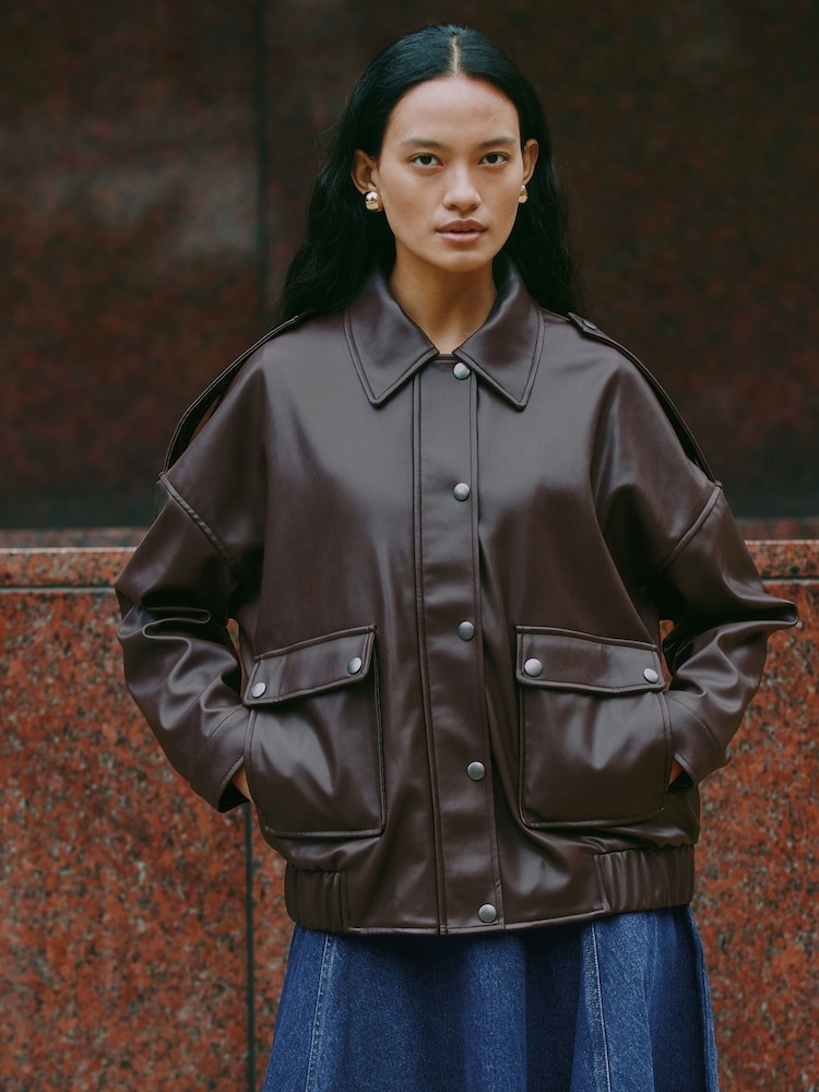 Albaray Faux Leather Bomber Brown Jackets - Image 1 of 6