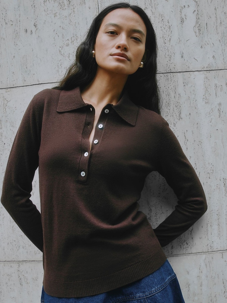 Albaray Fine Knit Brown Polo Top - Image 1 of 5