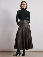 Albaray Faux Leather Pleat Midi Brown Skirt - Image 1 of 4