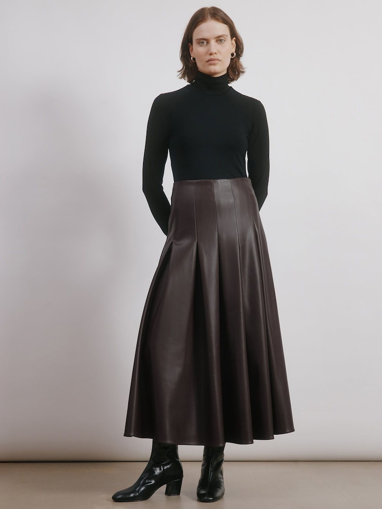 Albaray Faux Leather Pleat Midi Brown Skirt - Image 1 of 4