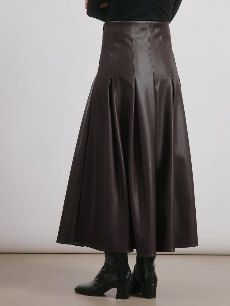 Albaray Faux Leather Pleat Midi Brown Skirt - Image 2 of 4