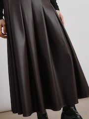 Albaray Faux Leather Pleat Midi Brown Skirt - Image 3 of 4