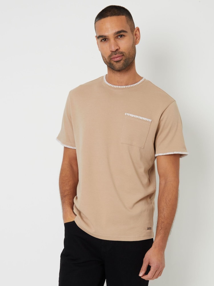 Threadbare Natural Contrast Trim T-Shirt with Pocket - Image 1 of 4