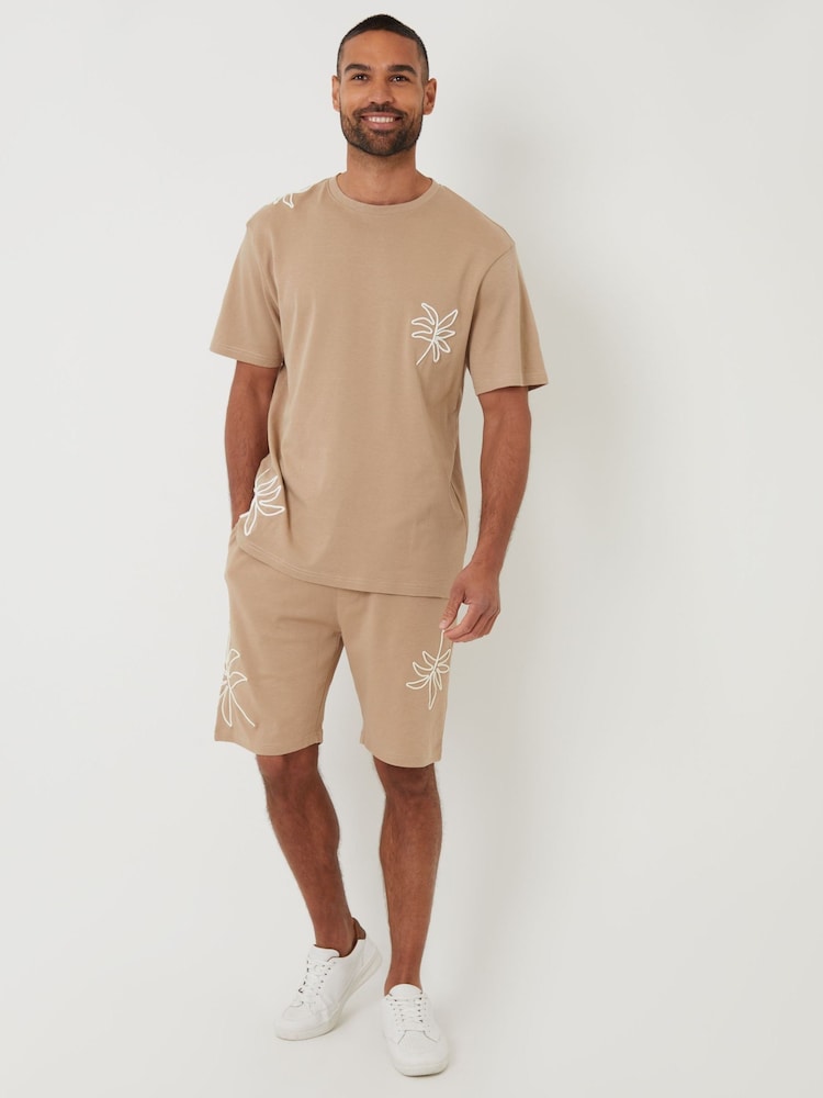 Threadbare Natural Relaxed Fit Cord Leaf Print T-Shirt - Image 1 of 4