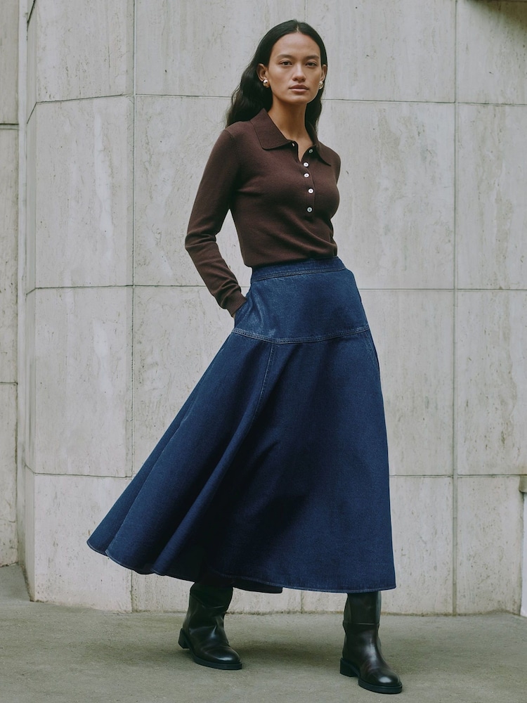 Albaray Blue Denim Basque Midi Skirt - Image 1 of 5