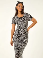 Roman Black Abstract Print Stretch Midi Dress - Image 1 of 5