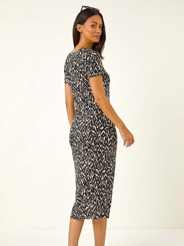 Roman Black Abstract Print Stretch Midi Dress - Image 2 of 5