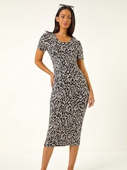 Roman Black Abstract Print Stretch Midi Dress - Image 5 of 5