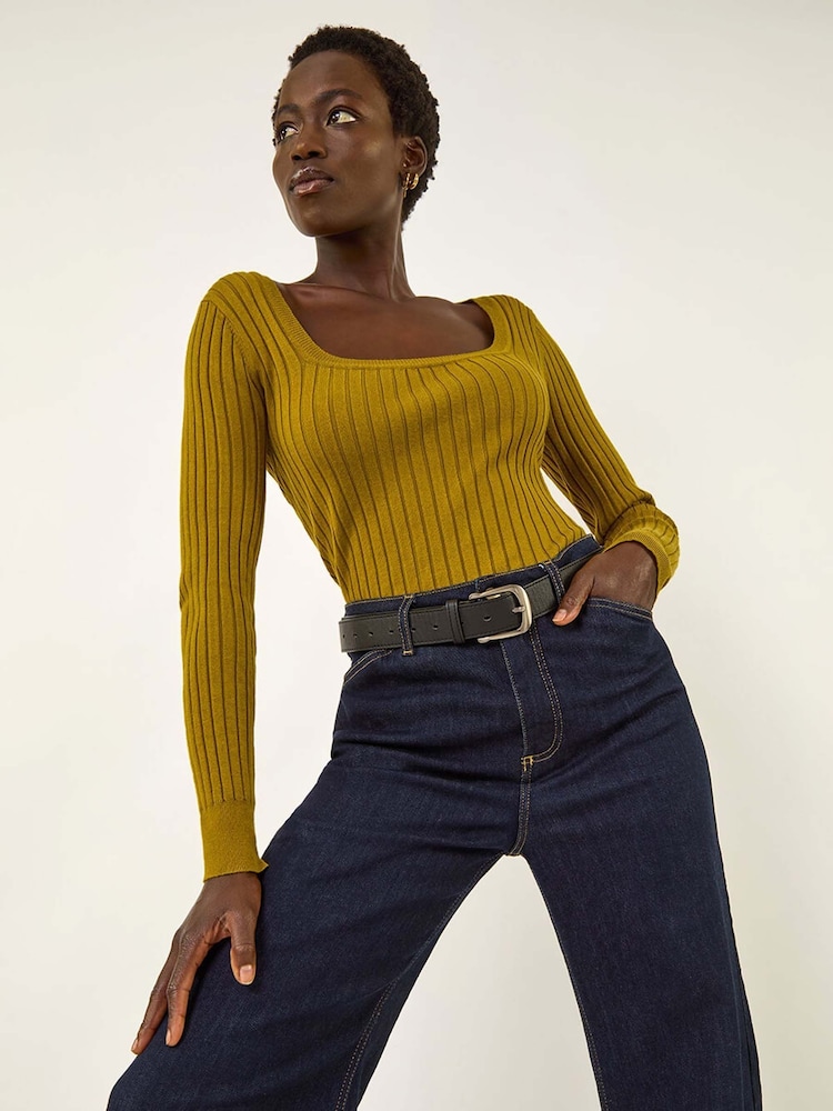 Roman Green Square Neck Ribbed Knit Jumper - Image 1 of 5