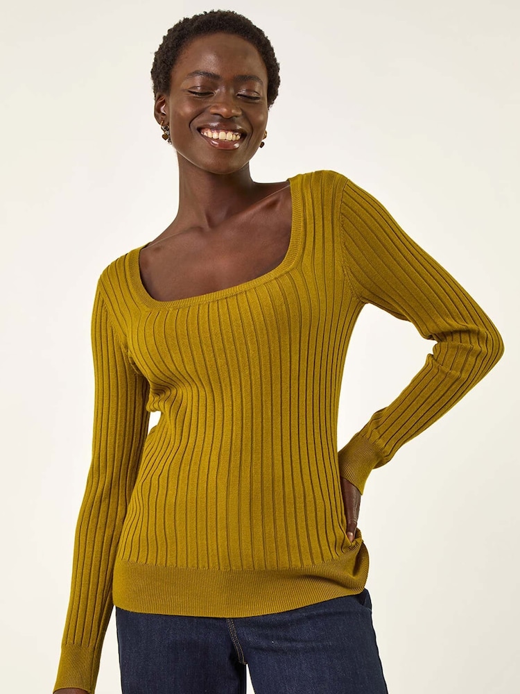 Roman Green Square Neck Ribbed Knit Jumper - Image 2 of 5