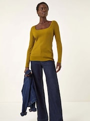 Roman Green Square Neck Ribbed Knit Jumper - Image 3 of 5