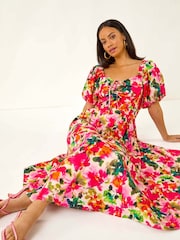 Roman Red Floral Print Pleated Puff Dress - Image 1 of 5