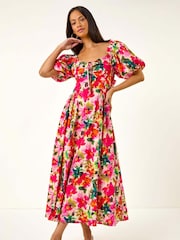 Roman Red Floral Print Pleated Puff Dress - Image 2 of 5